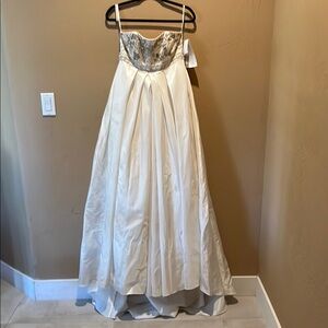 David's Bridal Cream and Silver Strapless Wedding Gown